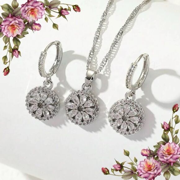 3pcs/set Elegant Flower Shaped Cubic Zirconia Jewelry Set With Jewelry Gift Box - Picture 1 of 11